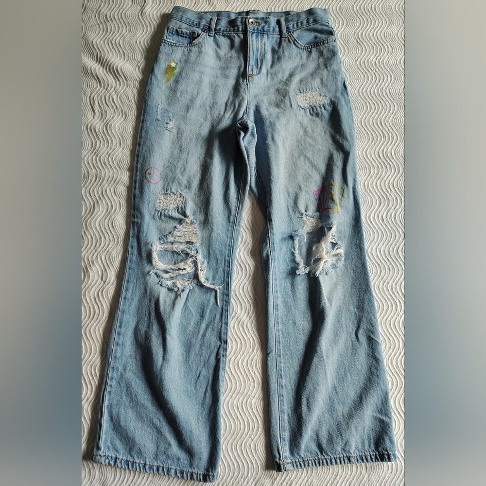 Sugar And Jade Wide Leg Jeans Size 16 Light Blue Girls Emoji Print Destroyed